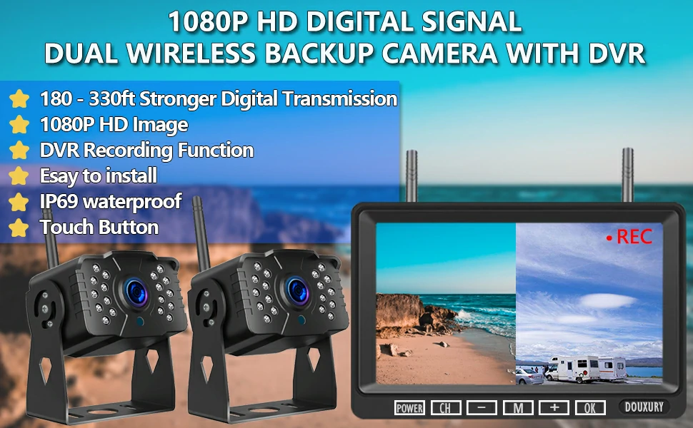 Upgraded Wireless Backup Cameras: With unique dual antenna design and the latest digital signal chip, the wireless backup Cameras can send 1080P videos to the display via the stronger signal. The signal can reach 320ft in open areas and 180ft in vehicles. IP69 Waterproof Level: With the latest sealing tech, the wireless backup Cameras are IP69 waterproof, also can withstand extreme temperatures from -23°F~179°F. No more lens water or fog problems. 1080P HD Backup Cameras: Adopting 1080p CCD image processing chip, the digital wireless backup camera system can provide you with 1080p HD images during the day, bright and clear images at night. 24 hours clear vision for you. 4 Channel Monitor System: This backup camera system contains 1-full-screen mode, 2-split-screen mode & 4-split-screen mode. You can add 2 cameras to the camera. Recording Fuction: Wireless rv backup camera has the function of loop recording. You can avoid a lot of traffic scam/theft. Compatible with RV, 5th Wheel, Truck,Trailers, Campers, Bus and other type of vehicles. Easy to Install: Just power on the backup camera and the monitor respectively to use. Wiring and installation no longer affect your Car-trailer.